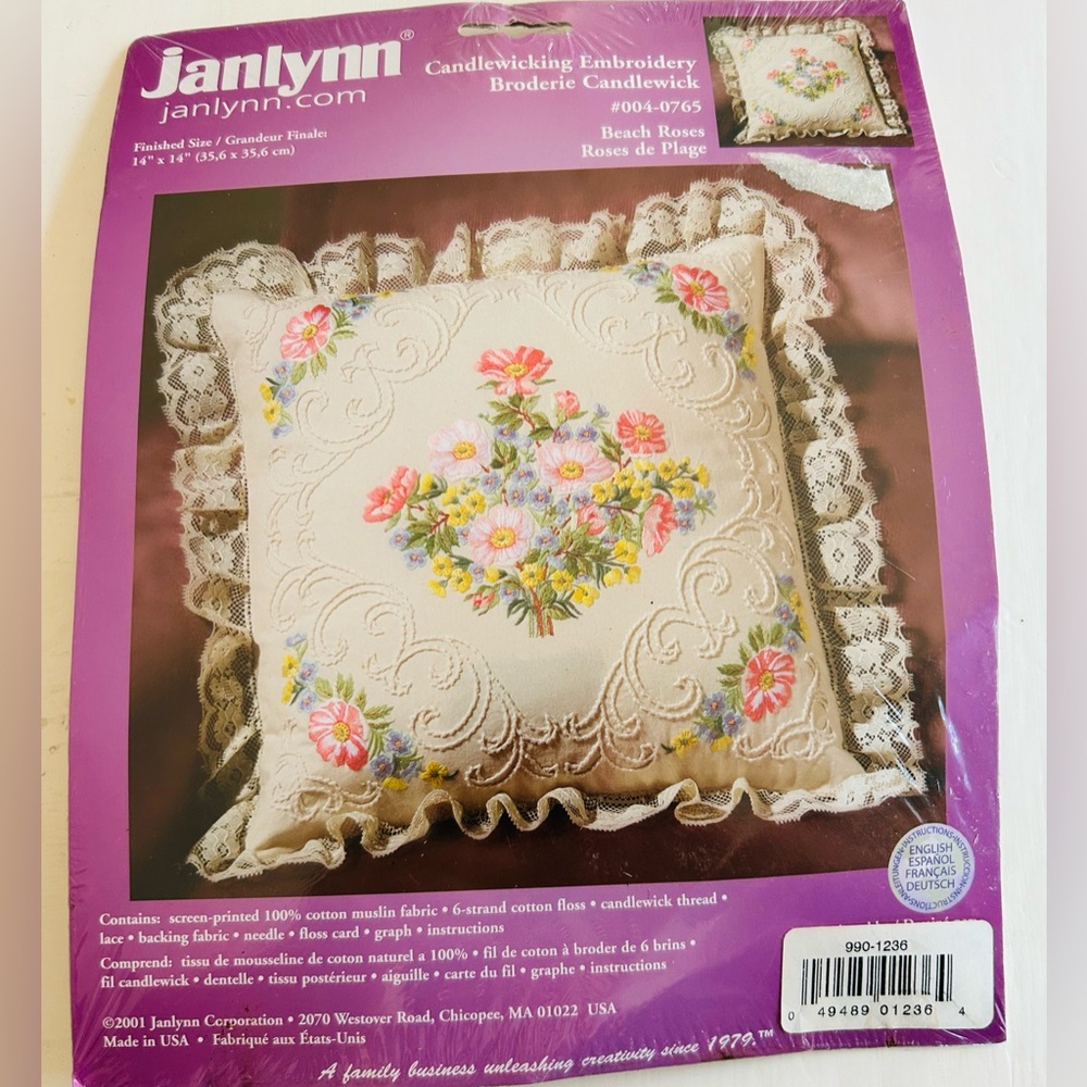 JANLYNN Stamped Embroidery Pillow - BEACH ROSES - 14"x 14" - #04-